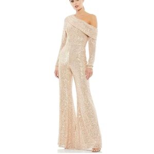 NWT IEENA for MAC Duggal Elegant One-Shoulder Rose Gold Sequin Jumpsuit $398
